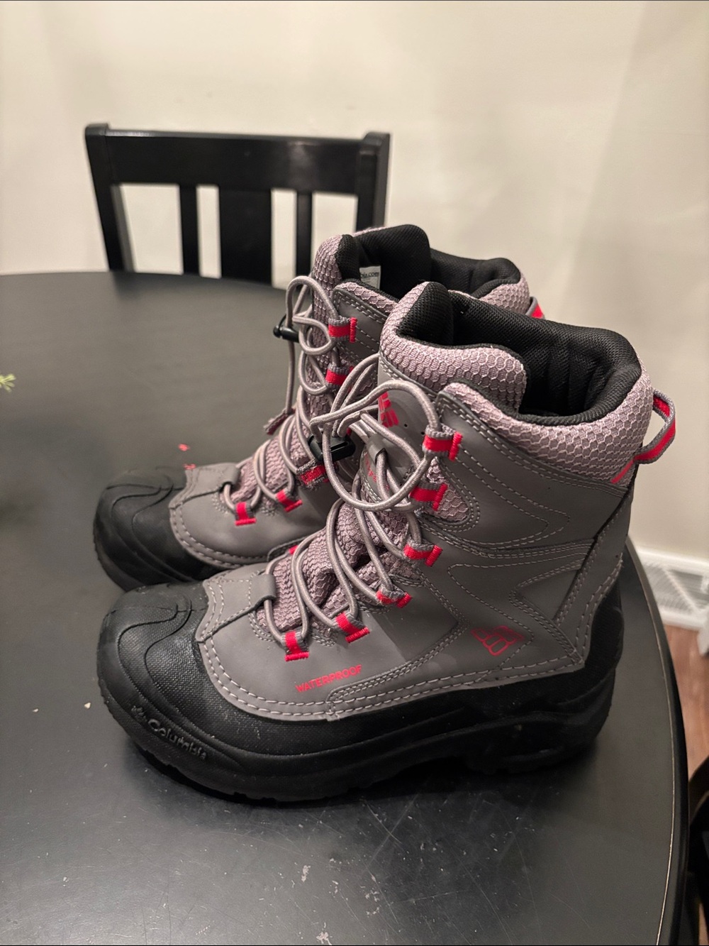 Gray Waterproof Winter Boots with Red  Accents